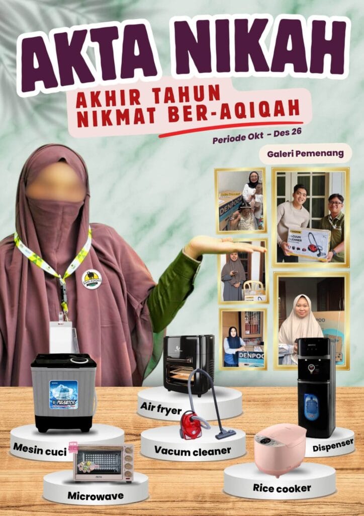 Bonus Akta Nikah Bani Aqiqah: mesin cuci, dispenser, rice cooker, vacuum cleaner, air fryer dan microwave, periode Oktober-Desember 2026